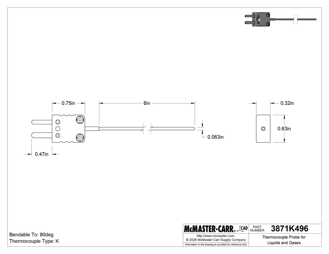Technical Drawing of Thermocouple Probe for Liquids and Gases, Type K, Flat-Pin Mini, 6" Long x 1/16" Diameter Probe.